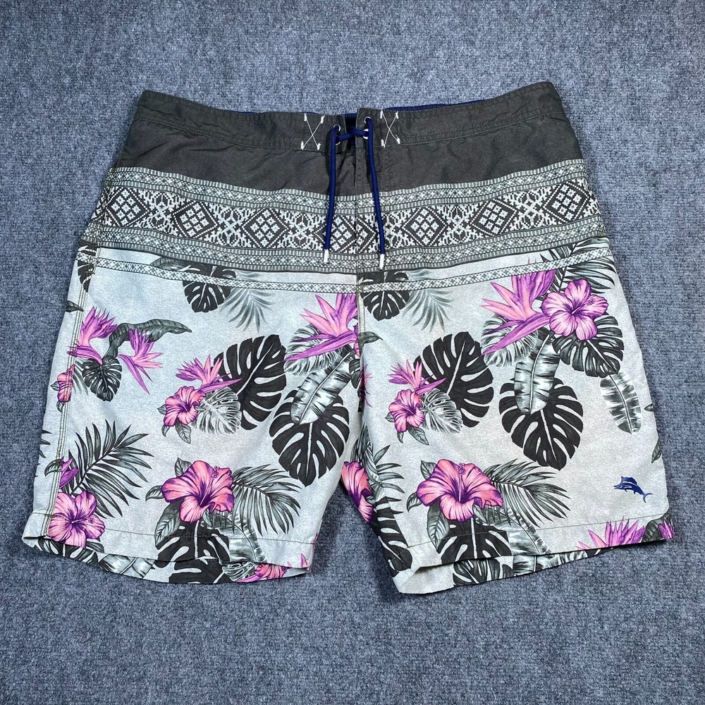 Tommy Bahama Men's XXL Gray Floral Swim Trunks Pink Flowers